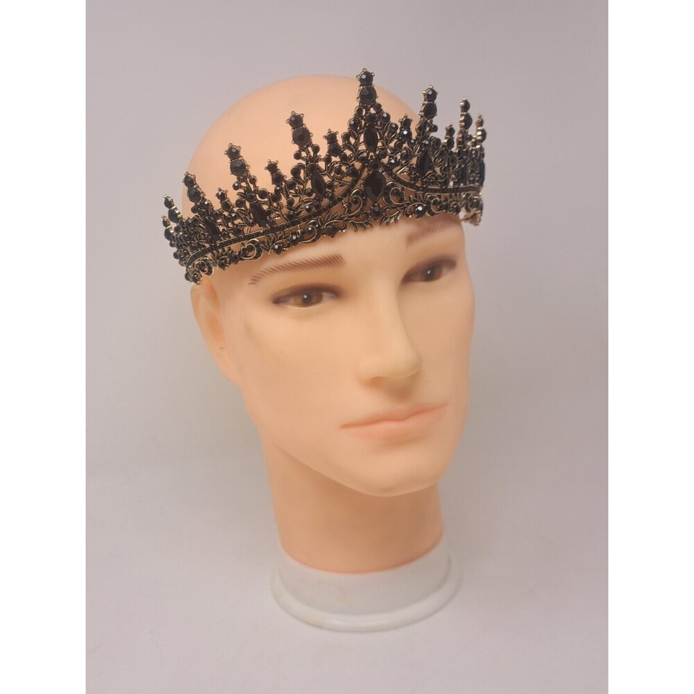 Vintage Women's Crown Costume Jewelry Rhinestone Metal Victorian Royal Black - Picture 4 of 13